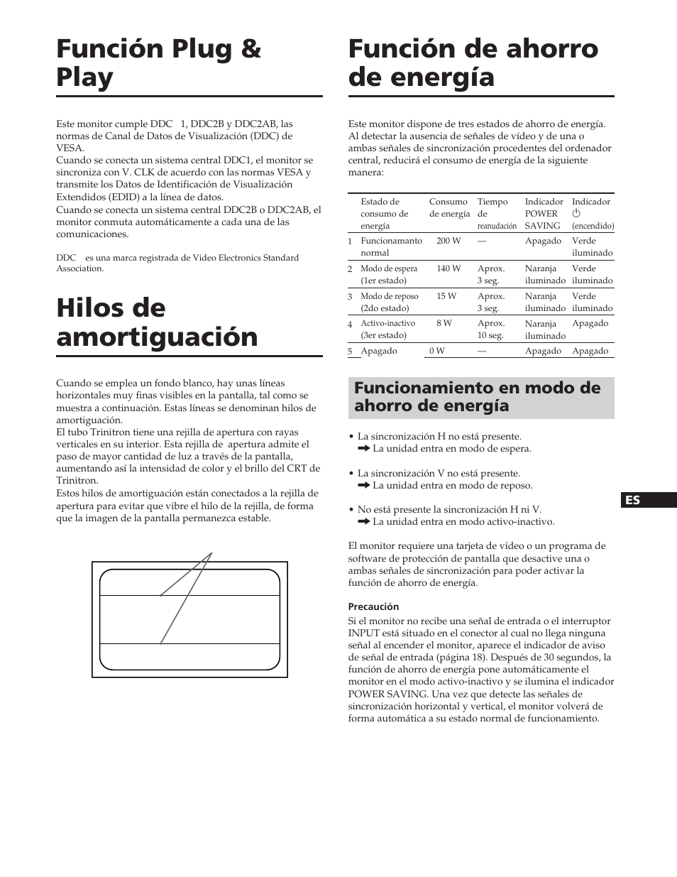 Función plug & play, Hilos de amortiguación, Función de ahorro de energía | Funcionamiento en modo de ahorro de energía | Sony GDM-W900 User Manual | Page 89 / 110