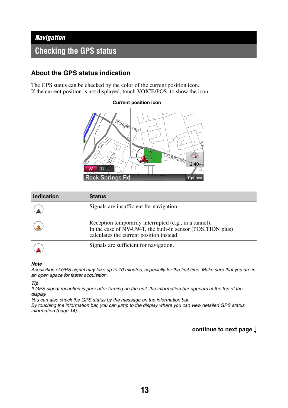 Navigation, Checking the gps status | Sony NAV-U NV-U84 User Manual | Page 13 / 85