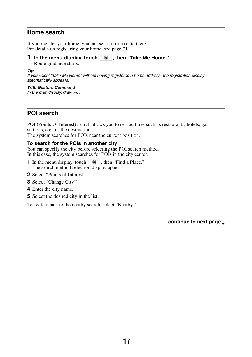 Home search, Poi search, Home search poi search | Sony NAV-U NV-U84 User Manual | Page 17 / 85