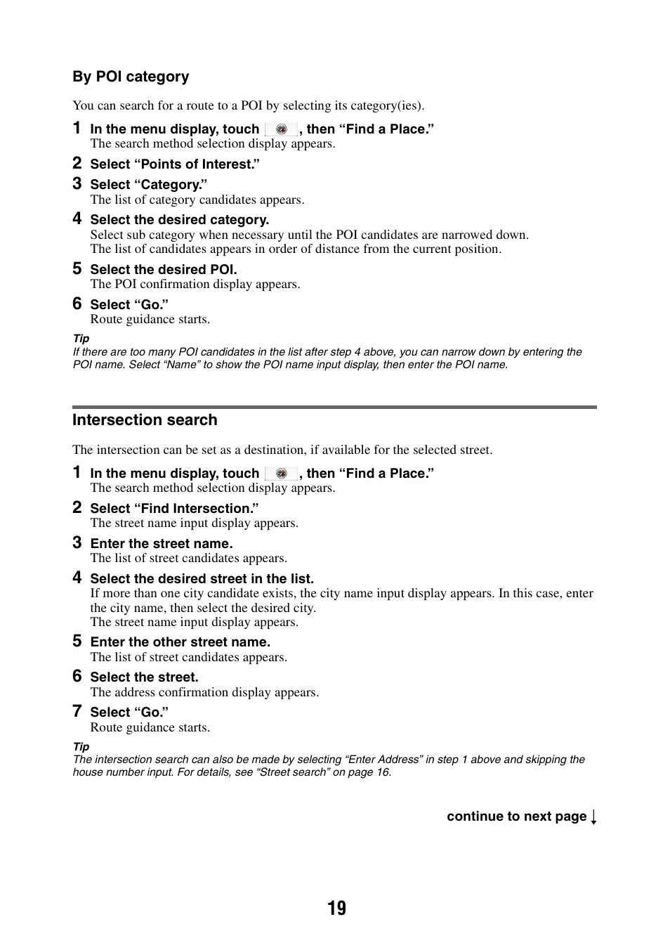 Intersection search | Sony NAV-U NV-U84 User Manual | Page 19 / 85