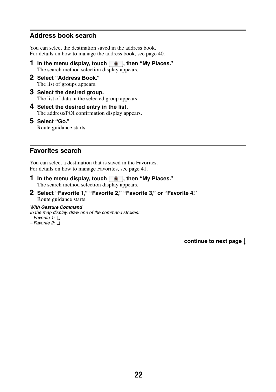 Address book search, Favorites search, Address book search favorites search | Sony NAV-U NV-U84 User Manual | Page 22 / 85