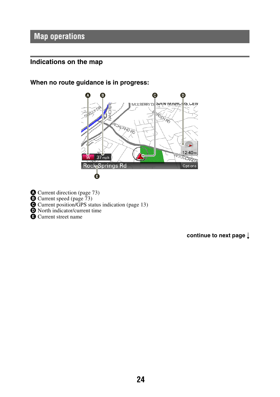 Map operations, Indications on the map, 24 map operations | Sony NAV-U NV-U84 User Manual | Page 24 / 85