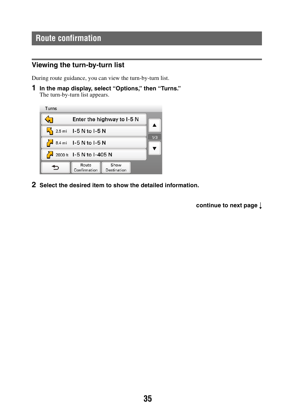 Route confirmation, Viewing the turn-by-turn list, 35 route confirmation | Sony NAV-U NV-U84 User Manual | Page 35 / 85