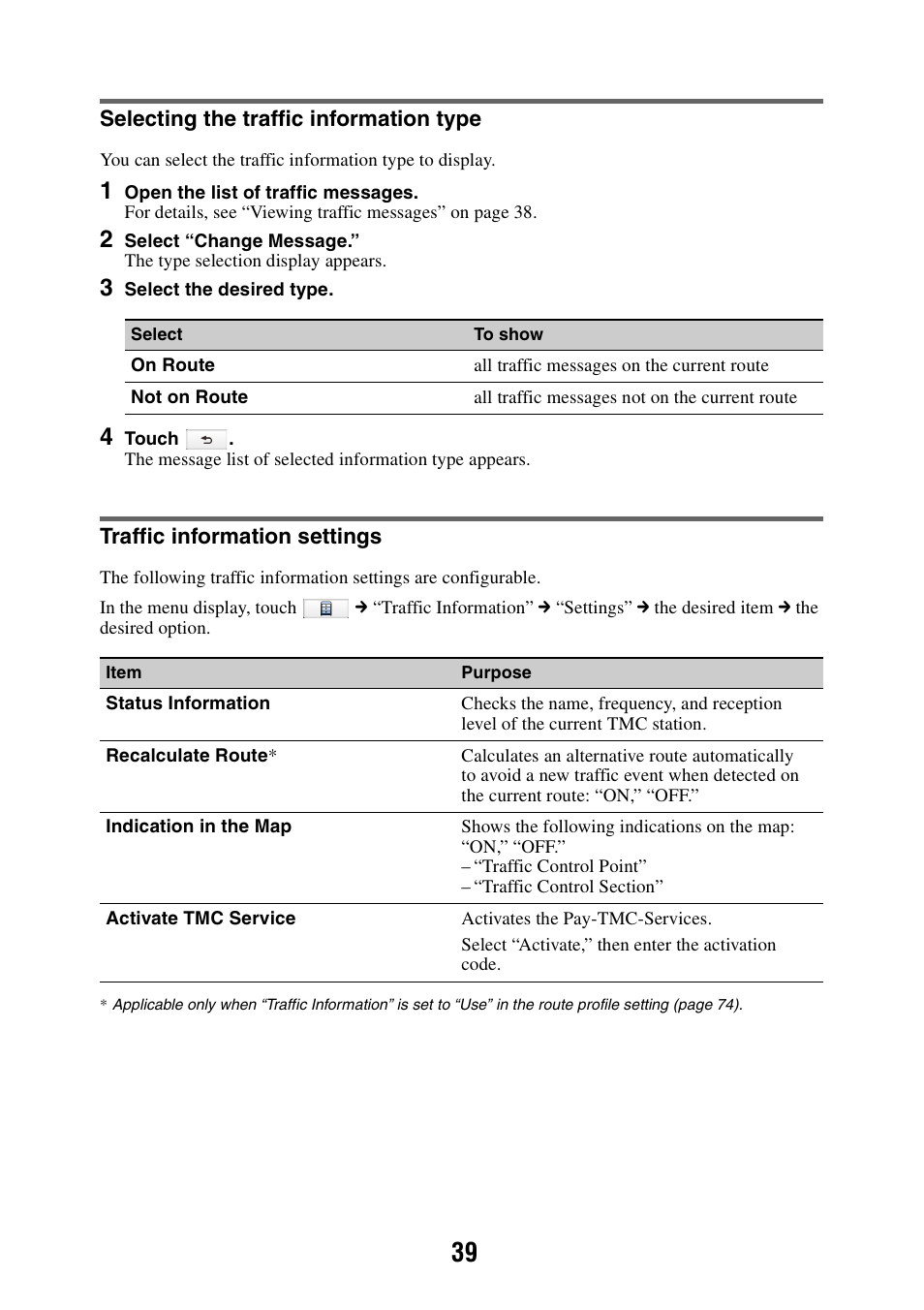 Selecting the traffic information type, Traffic information settings | Sony NAV-U NV-U84 User Manual | Page 39 / 85