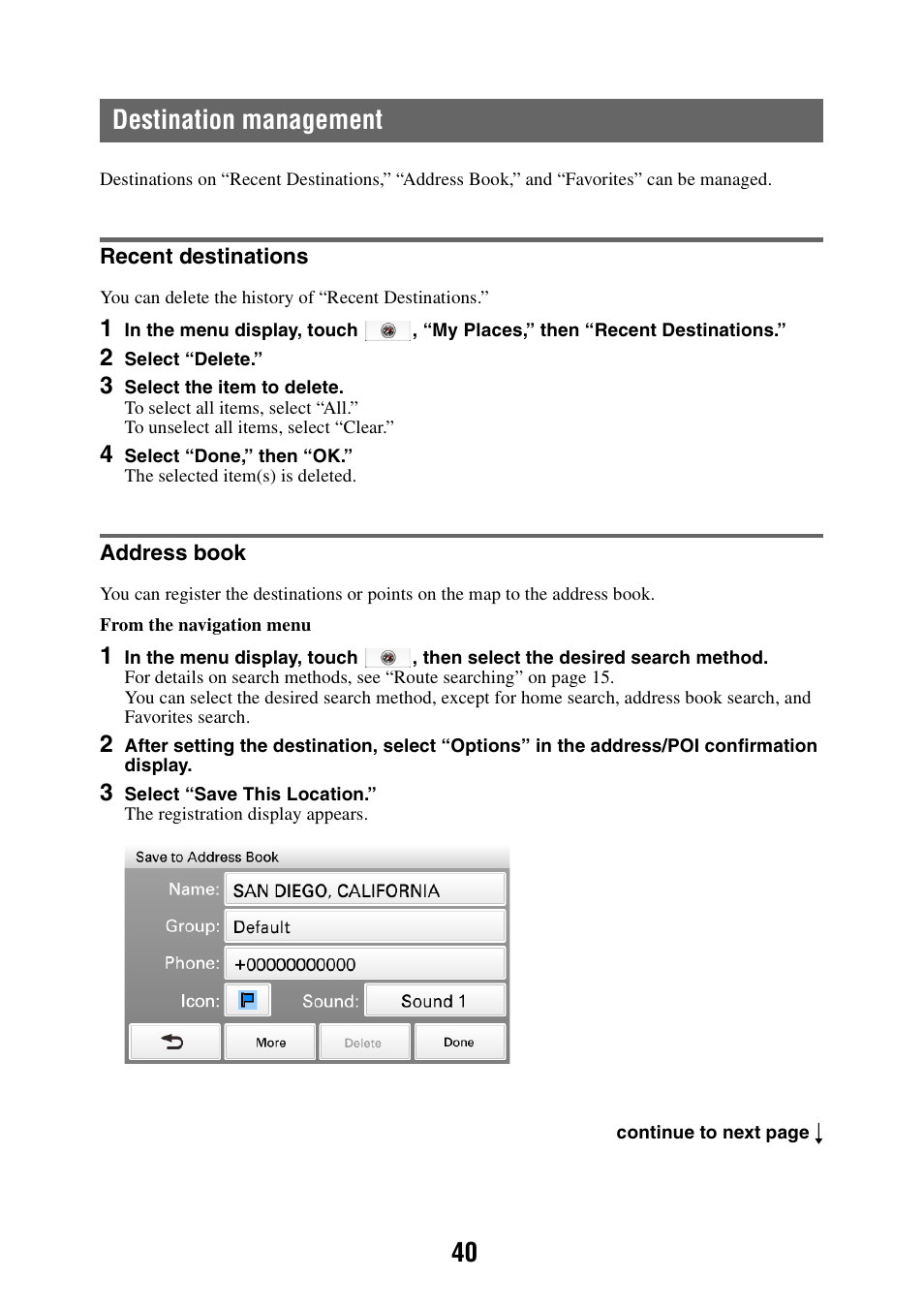 Destination management, Recent destinations, Address book | Recent destinations address book, 40 destination management | Sony NAV-U NV-U84 User Manual | Page 40 / 85