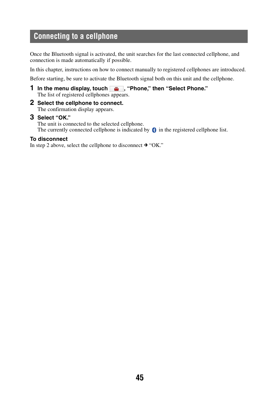 Connecting to a cellphone, 45 connecting to a cellphone | Sony NAV-U NV-U84 User Manual | Page 45 / 85