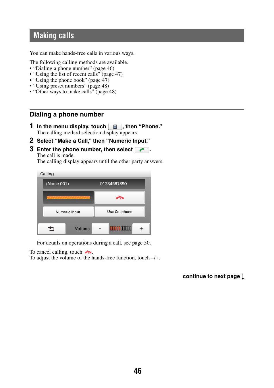 Making calls, Dialing a phone number, 46 making calls | Sony NAV-U NV-U84 User Manual | Page 46 / 85