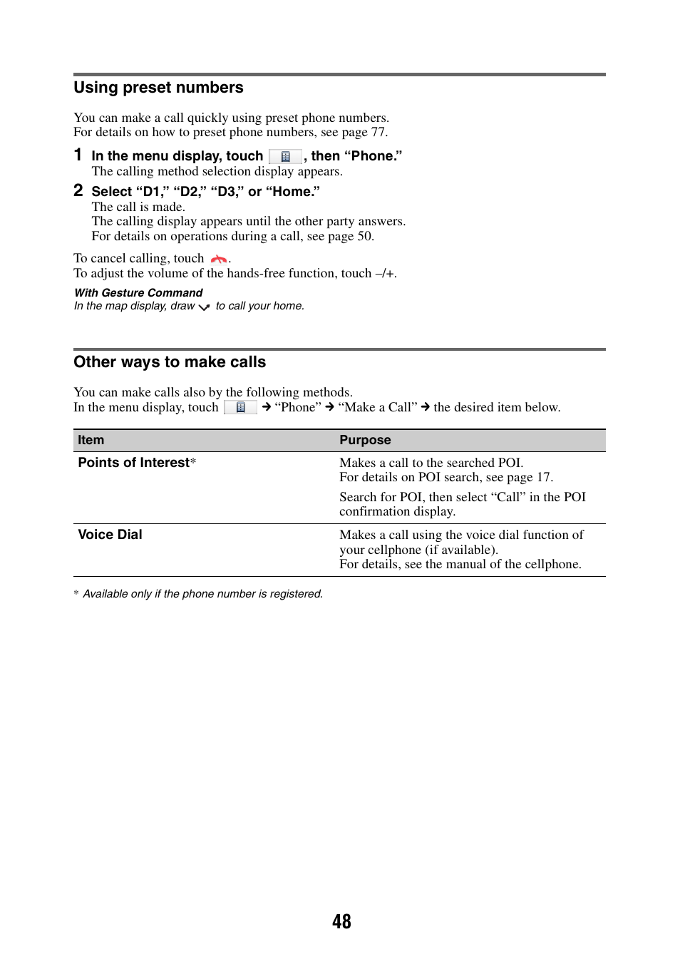 Using preset numbers, Other ways to make calls, Using preset numbers other ways to make calls | Sony NAV-U NV-U84 User Manual | Page 48 / 85