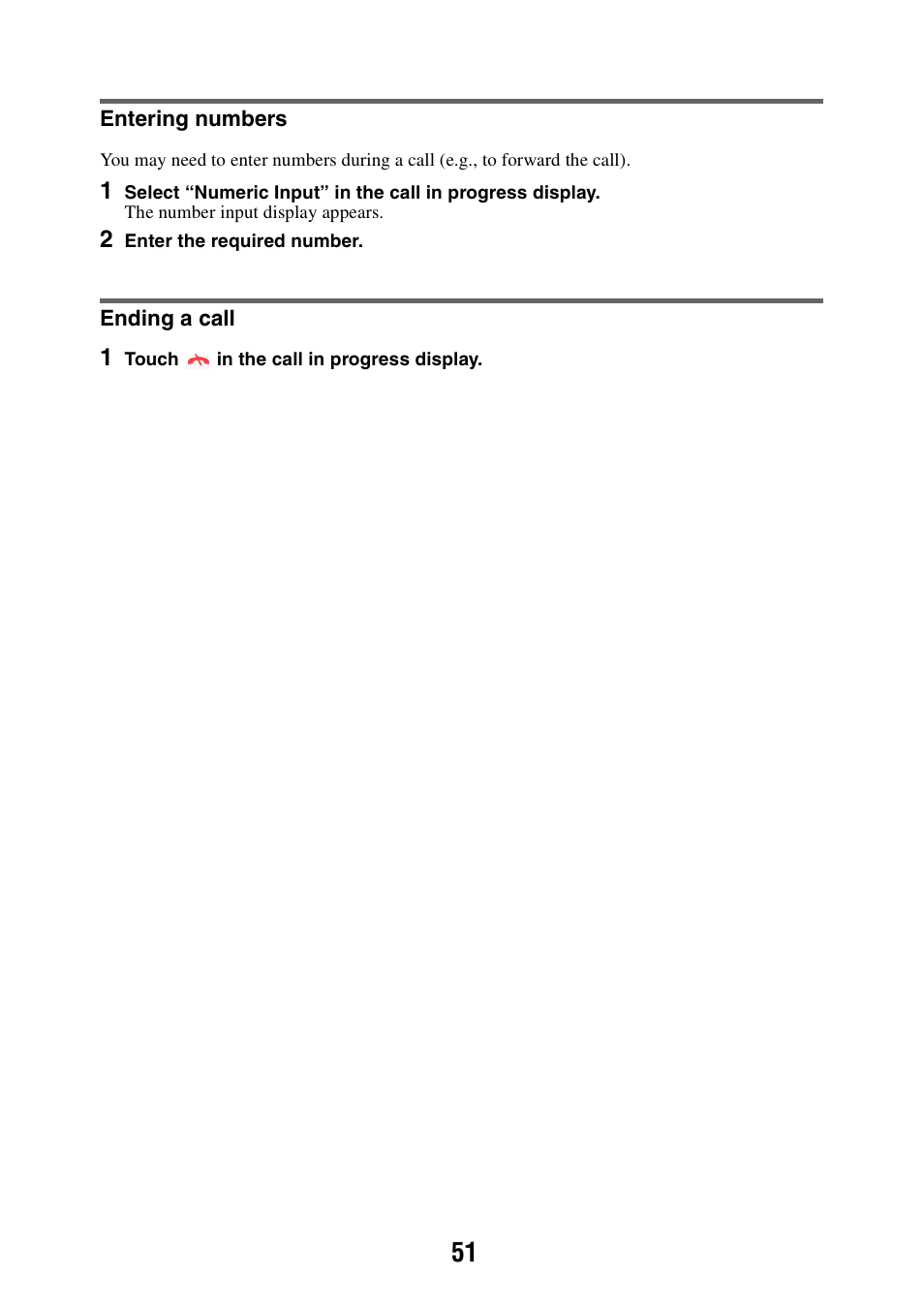 Entering numbers, Ending a call, Entering numbers ending a call | Sony NAV-U NV-U84 User Manual | Page 51 / 85