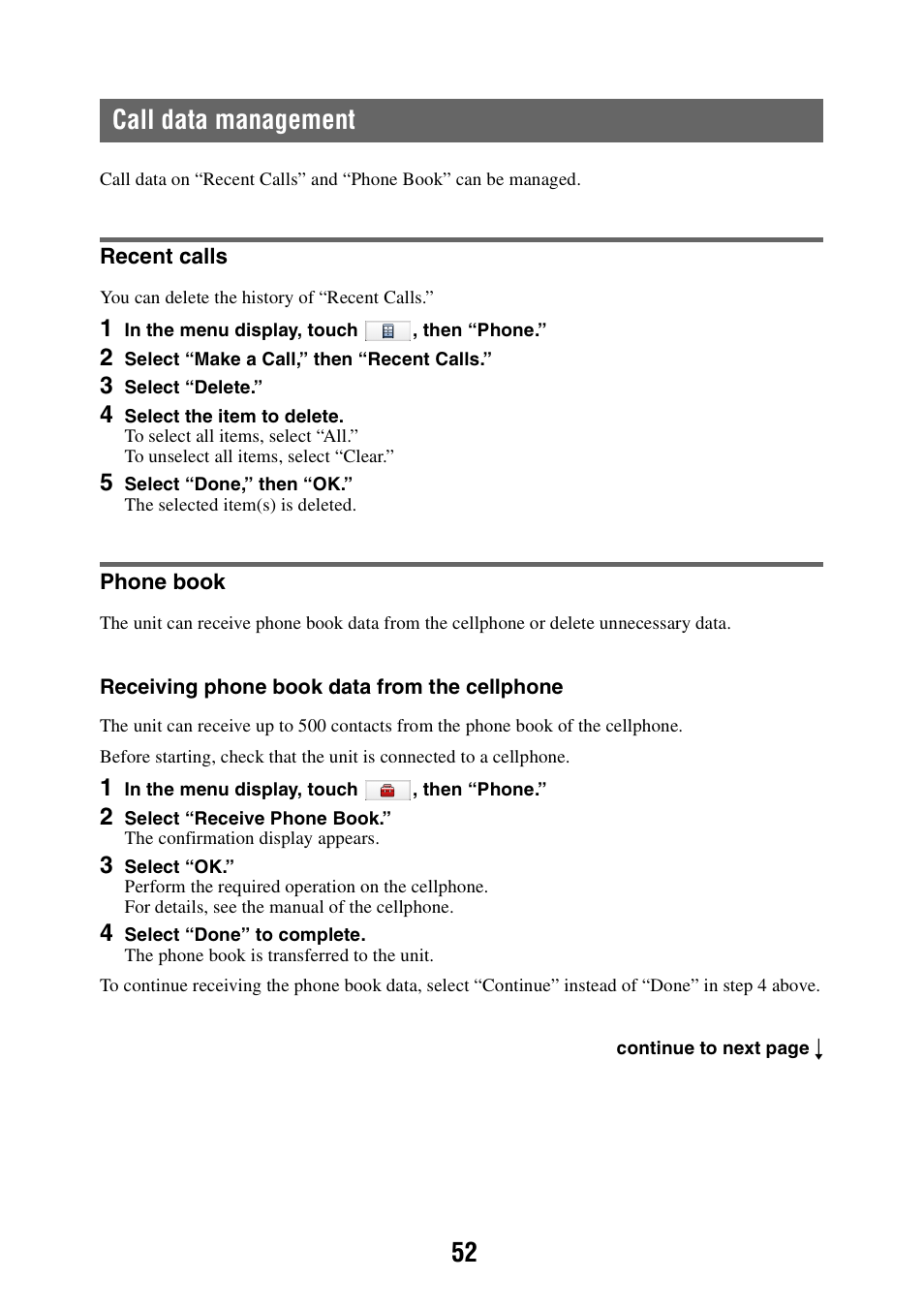 Call data management, Recent calls, Phone book | Recent calls phone book, 52 call data management | Sony NAV-U NV-U84 User Manual | Page 52 / 85