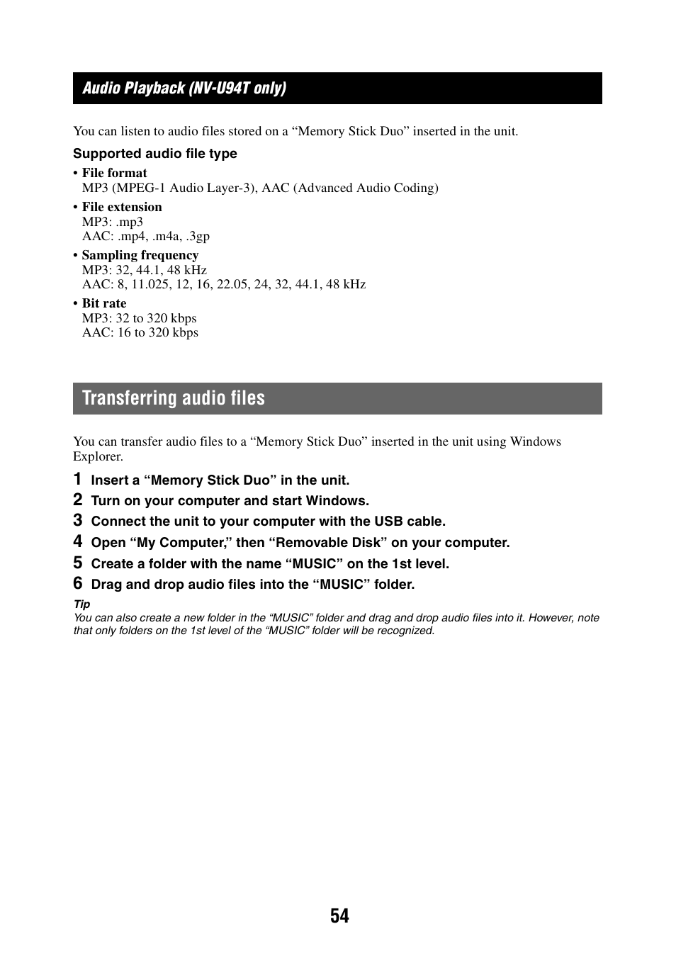 Audio playback (nv-u94t only), Transferring audio files | Sony NAV-U NV-U84 User Manual | Page 54 / 85