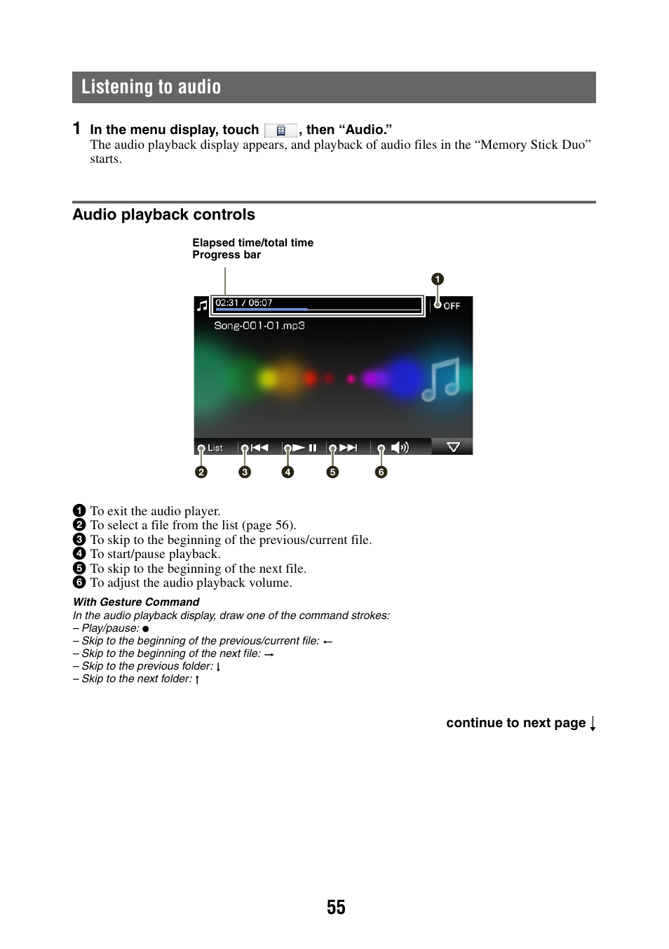 Listening to audio, Audio playback controls, 55 listening to audio | Sony NAV-U NV-U84 User Manual | Page 55 / 85