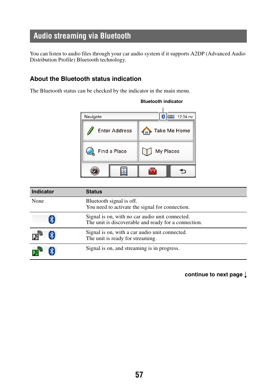 Audio streaming via bluetooth, 57 audio streaming via bluetooth | Sony NAV-U NV-U84 User Manual | Page 57 / 85