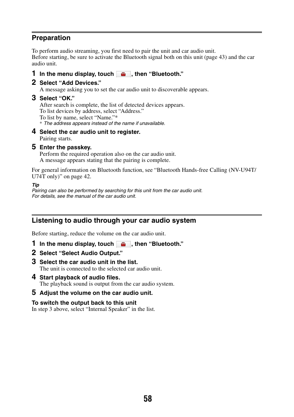 Preparation, Listening to audio through your car audio system | Sony NAV-U NV-U84 User Manual | Page 58 / 85