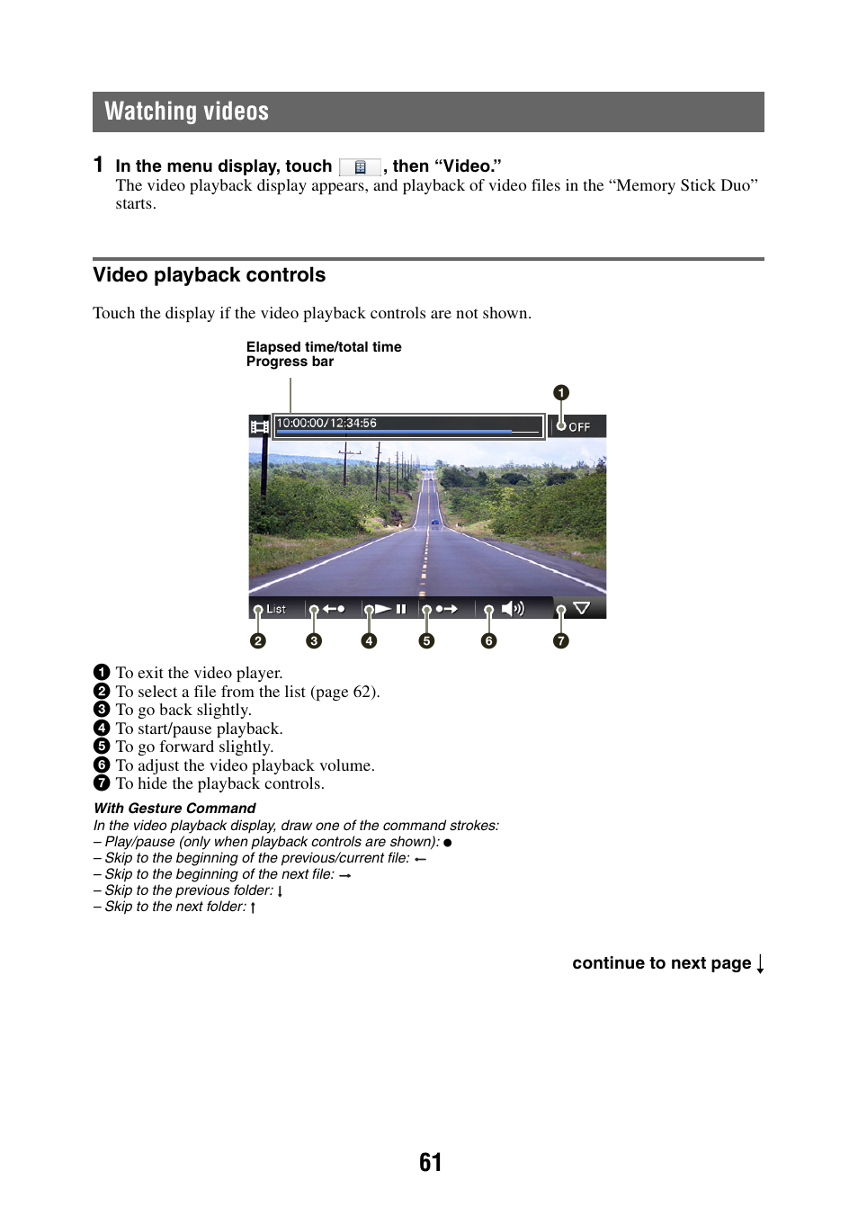 Watching videos, Video playback controls, 61 watching videos | Sony NAV-U NV-U84 User Manual | Page 61 / 85