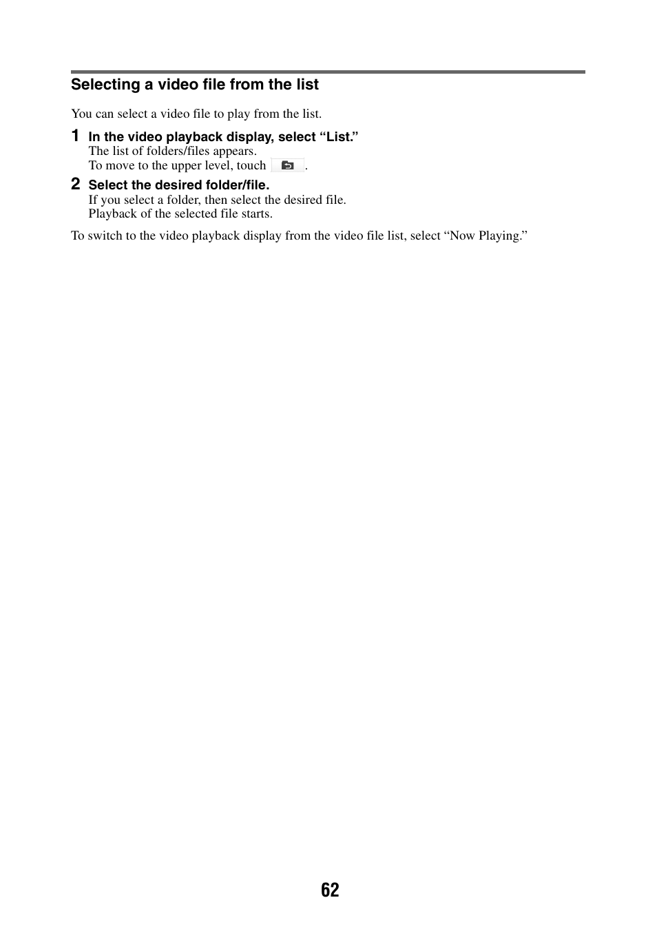 Selecting a video file from the list | Sony NAV-U NV-U84 User Manual | Page 62 / 85