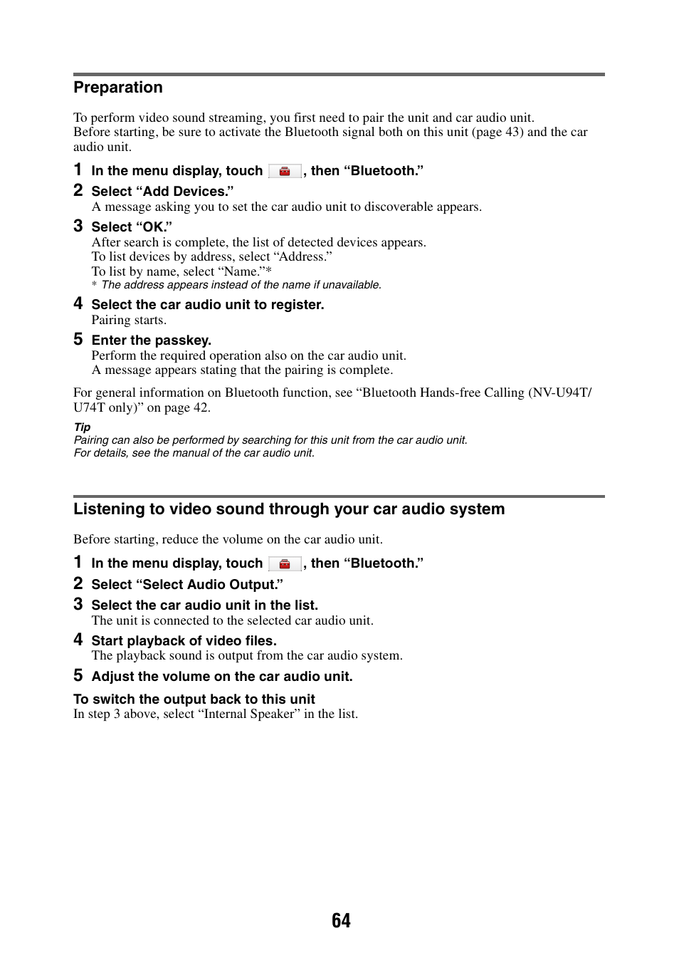 Preparation | Sony NAV-U NV-U84 User Manual | Page 64 / 85