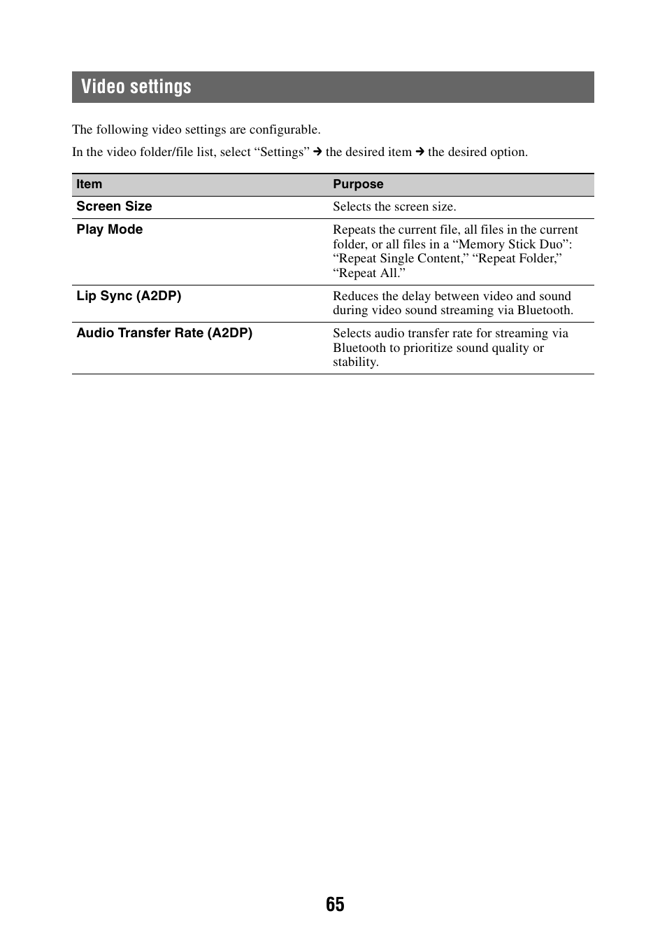 Video settings, 65 video settings | Sony NAV-U NV-U84 User Manual | Page 65 / 85