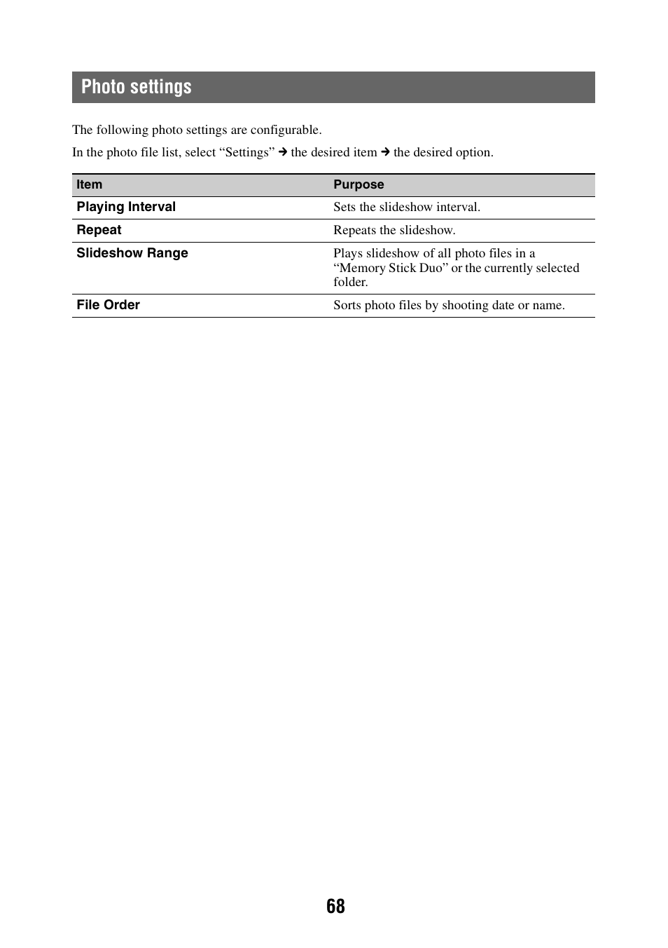 Photo settings, 68 photo settings | Sony NAV-U NV-U84 User Manual | Page 68 / 85
