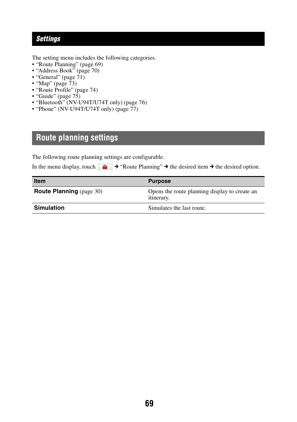 Settings, Route planning settings | Sony NAV-U NV-U84 User Manual | Page 69 / 85