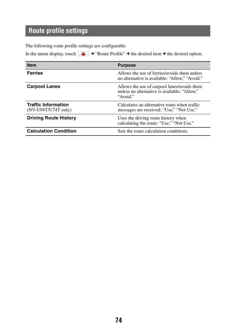Route profile settings, 74 route profile settings | Sony NAV-U NV-U84 User Manual | Page 74 / 85
