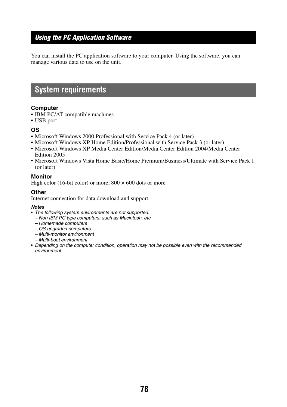 Using the pc application software, System requirements | Sony NAV-U NV-U84 User Manual | Page 78 / 85