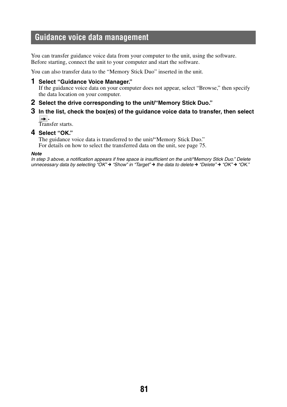 Guidance voice data management, 81 guidance voice data management | Sony NAV-U NV-U84 User Manual | Page 81 / 85