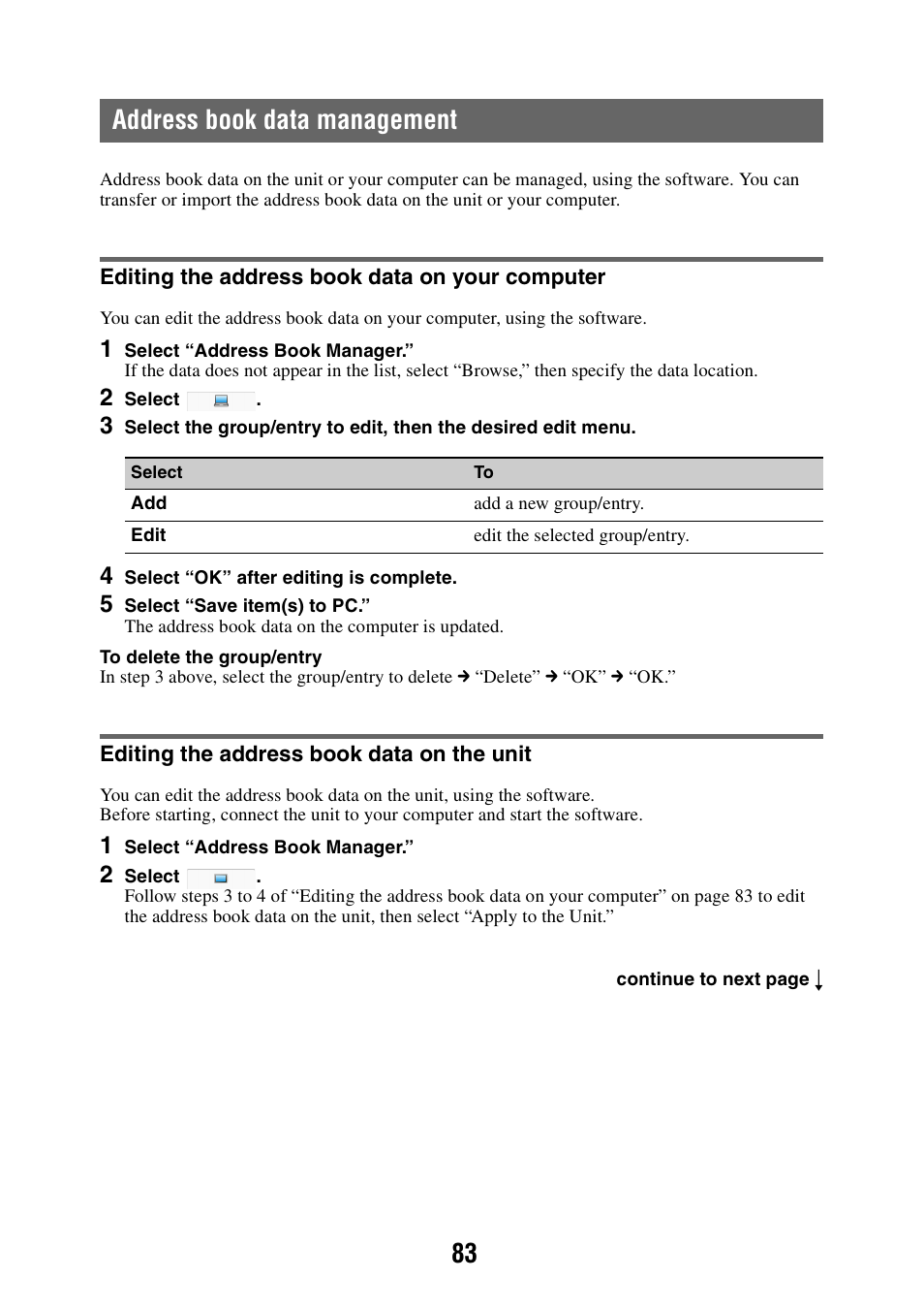 Address book data management, Editing the address book data on your computer, Editing the address book data on the unit | 83 address book data management | Sony NAV-U NV-U84 User Manual | Page 83 / 85