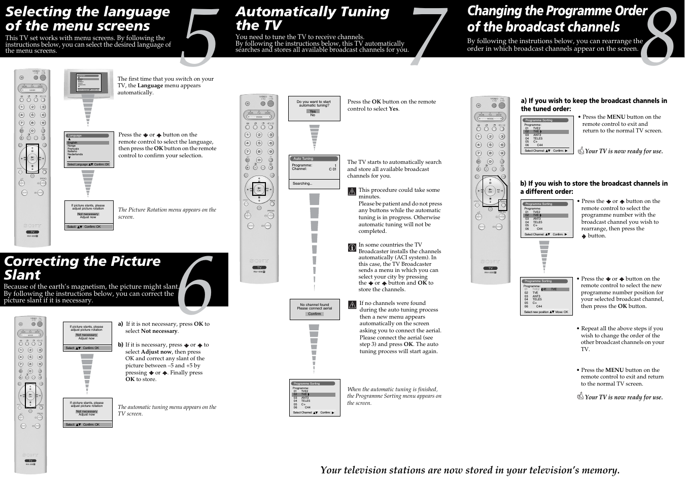 Automatically tuning the tv, Selecting the language of the menu screens, Correcting the picture slant | Sony FD Trinitron KV-28FQ70U User Manual | Page 2 / 2