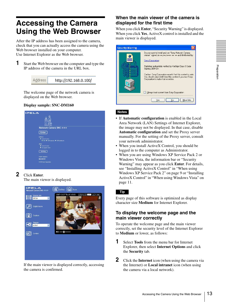 Accessing the camera using the web browser, Accessing the camera using the web browser 13 | Sony SNC-CS20 User Manual | Page 13 / 100