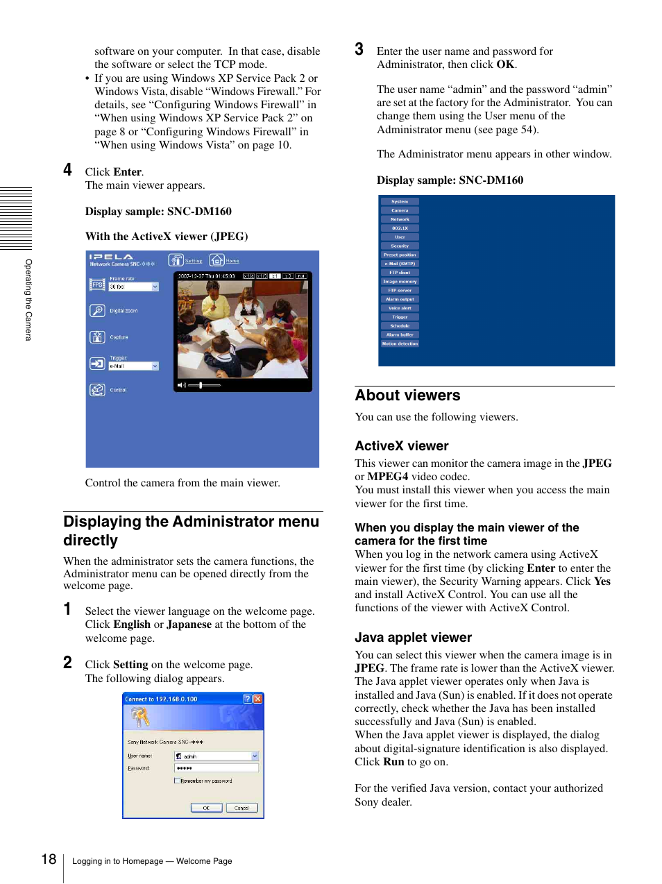 Displaying the administrator menu directly, About viewers | Sony SNC-CS20 User Manual | Page 18 / 100