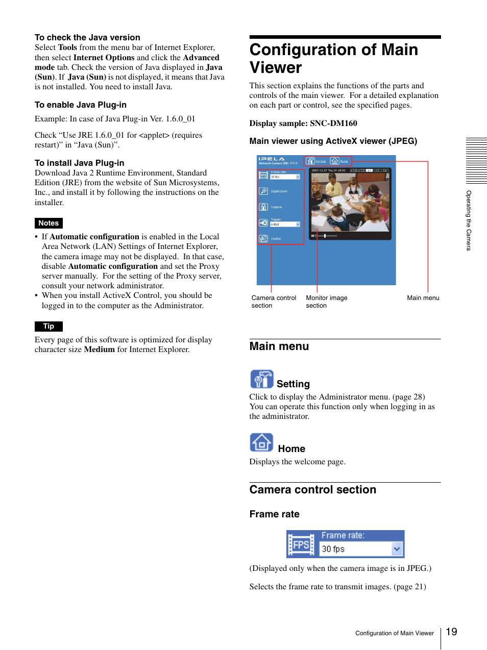 Configuration of main viewer, Main menu, Camera control section | Main menu camera control section | Sony SNC-CS20 User Manual | Page 19 / 100