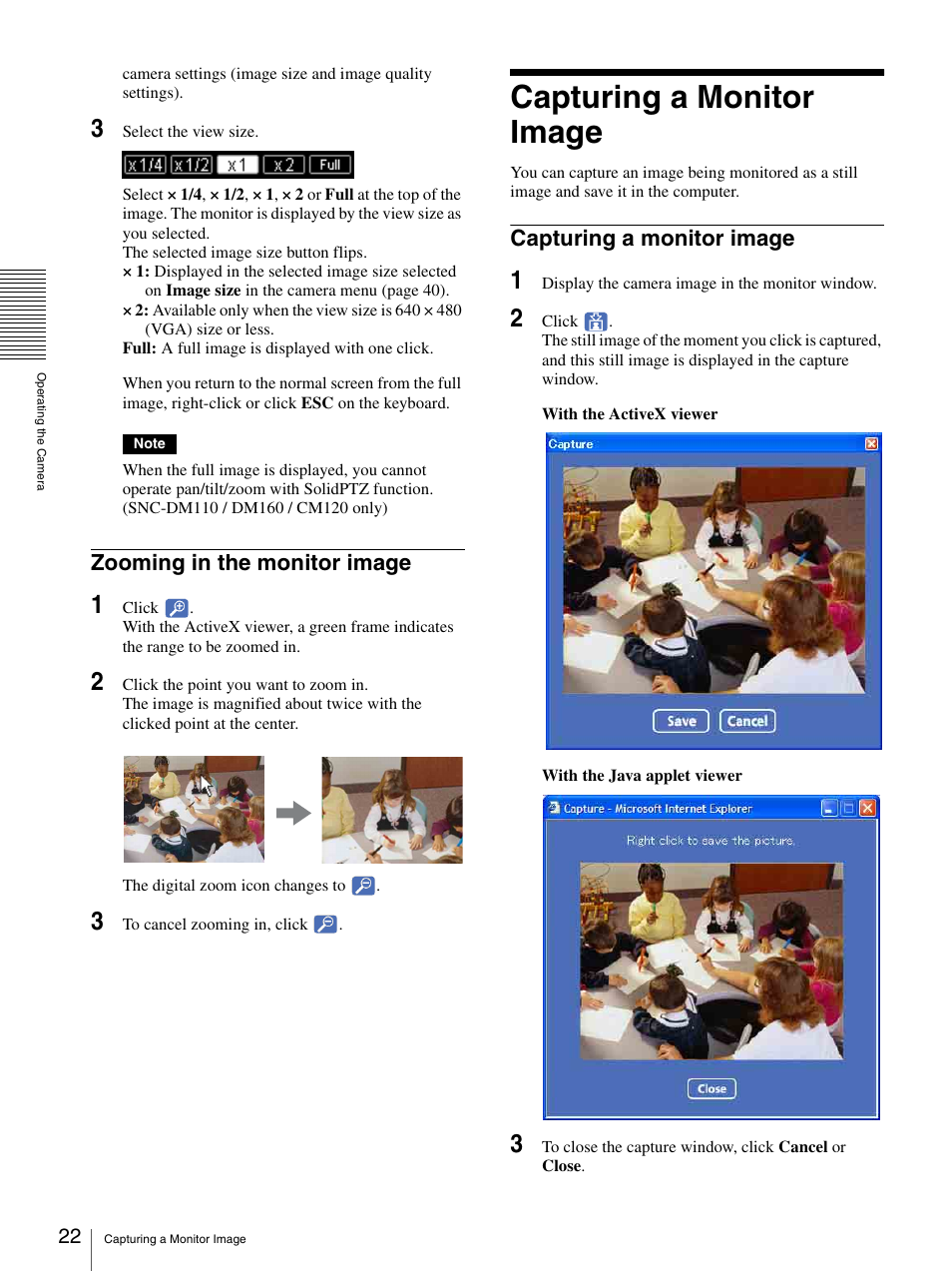 Zooming in the monitor image, Capturing a monitor image | Sony SNC-CS20 User Manual | Page 22 / 100