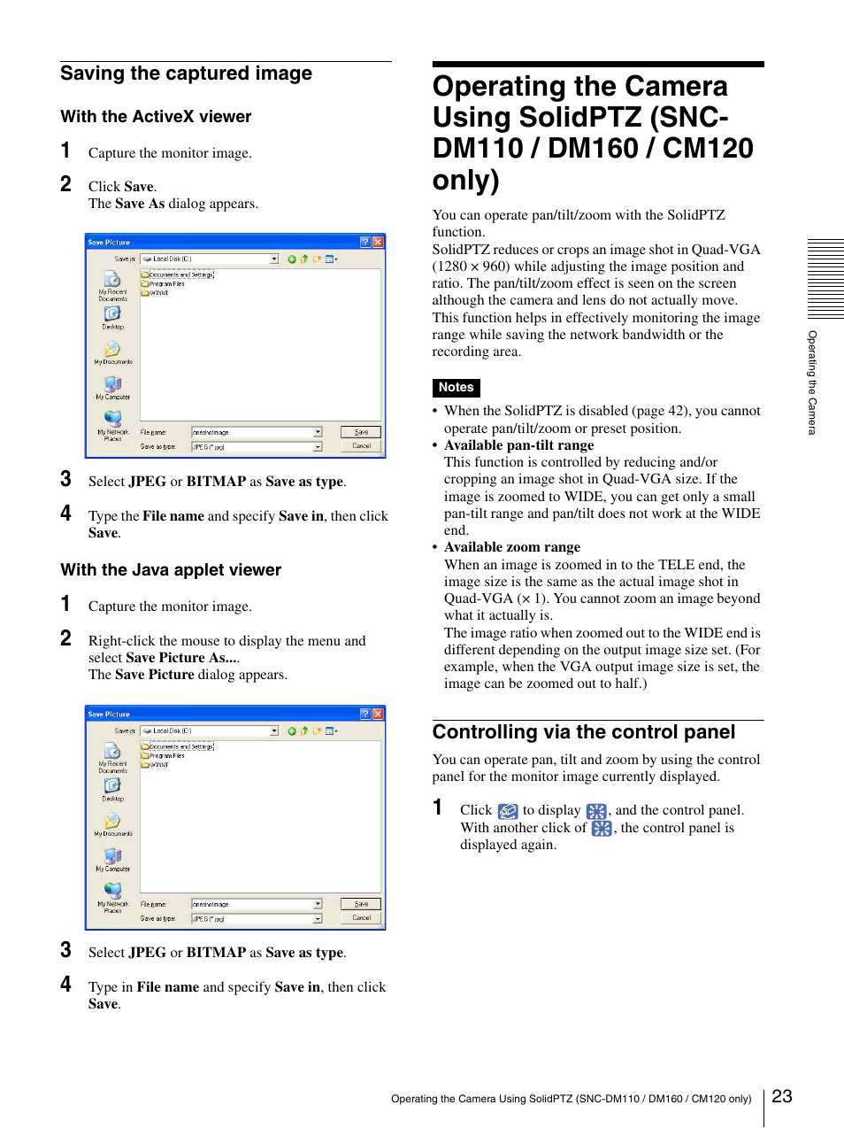 Saving the captured image, Controlling via the control panel | Sony SNC-CS20 User Manual | Page 23 / 100