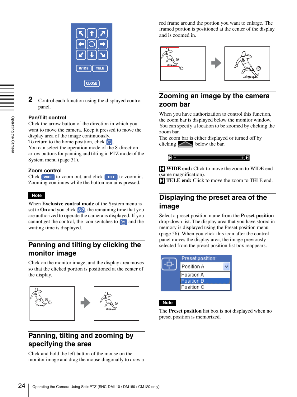 Panning and tilting by clicking the monitor image, Zooming an image by the camera zoom bar, Displaying the preset area of the image | Panning and tilting by clicking the monitor, Image, Panning, tilting and zooming by specifying the, Area | Sony SNC-CS20 User Manual | Page 24 / 100