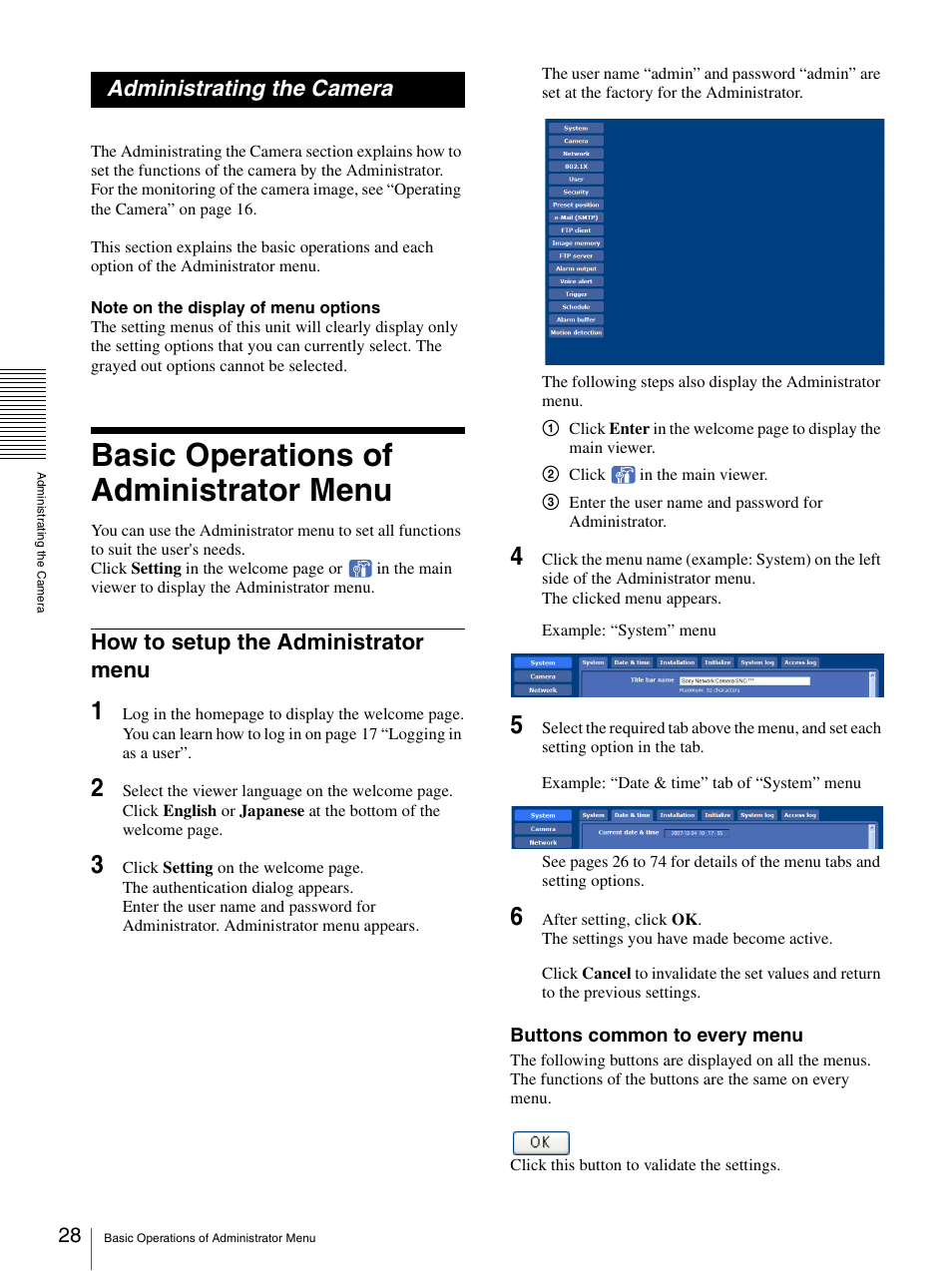 Administrating the camera, Basic operations of administrator menu, How to setup the administrator menu | Sony SNC-CS20 User Manual | Page 28 / 100