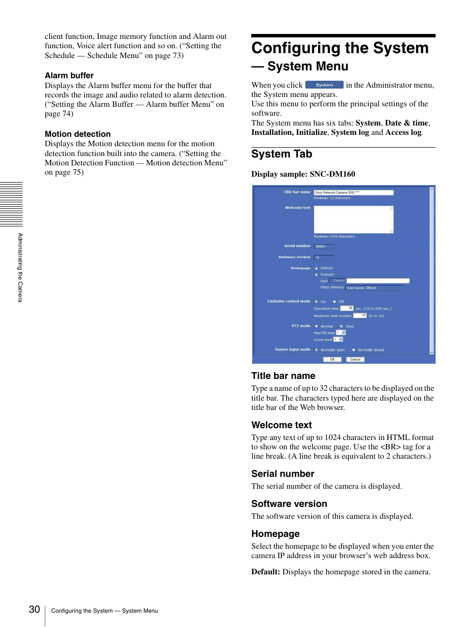Configuring the system - system menu, System tab, Configuring the system — system menu | Configuring the system, System menu | Sony SNC-CS20 User Manual | Page 30 / 100