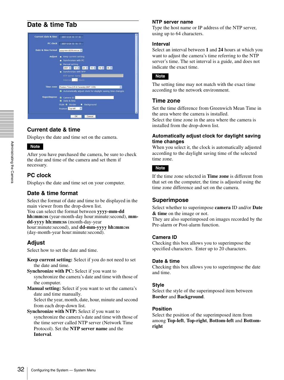 Date & time tab, Current date & time, Pc clock | Date & time format, Adjust, Time zone, Superimpose | Sony SNC-CS20 User Manual | Page 32 / 100