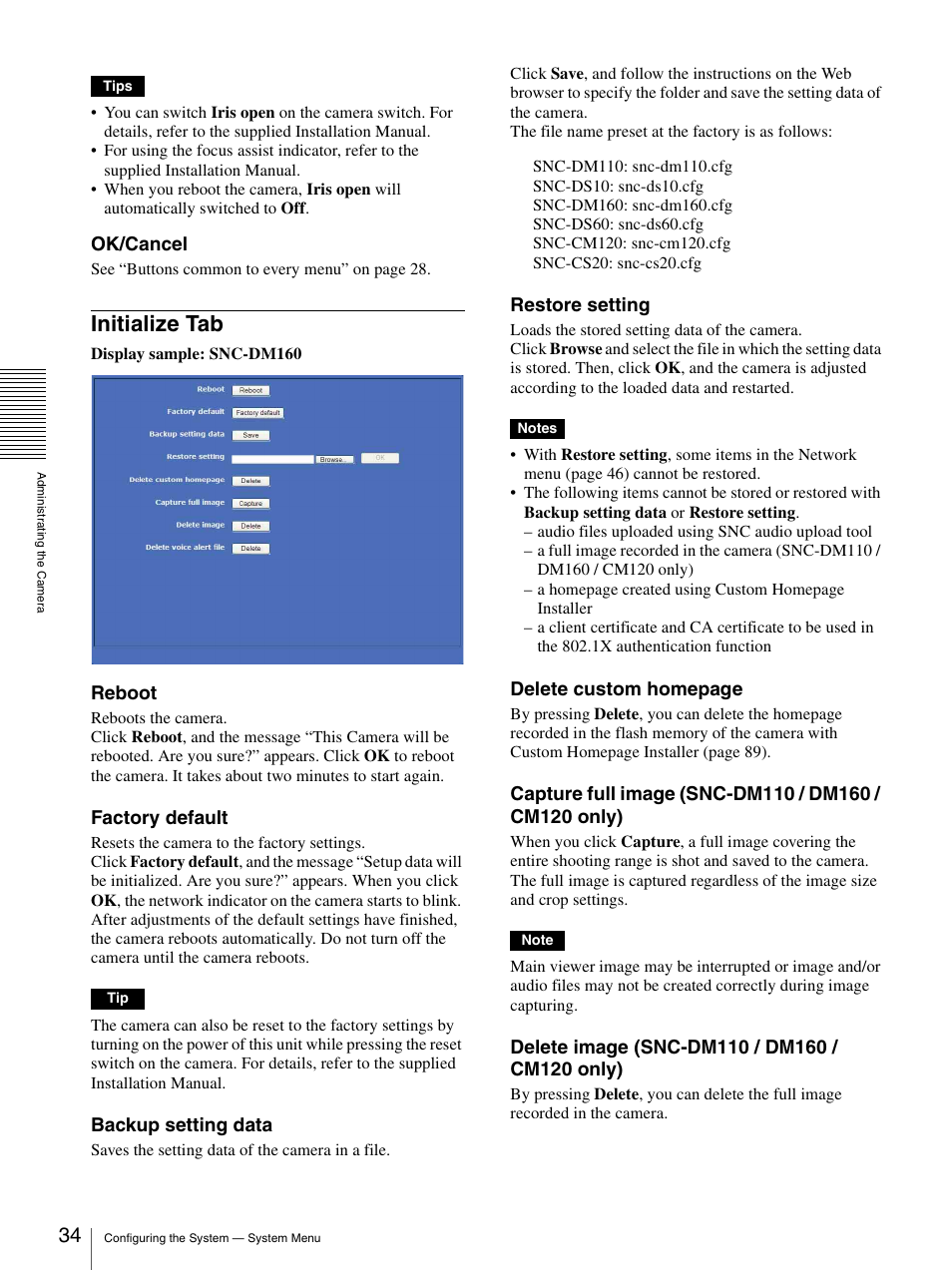 Initialize tab, Ok/cancel, Reboot | Factory default, Backup setting data, Restore setting, Delete custom homepage | Sony SNC-CS20 User Manual | Page 34 / 100