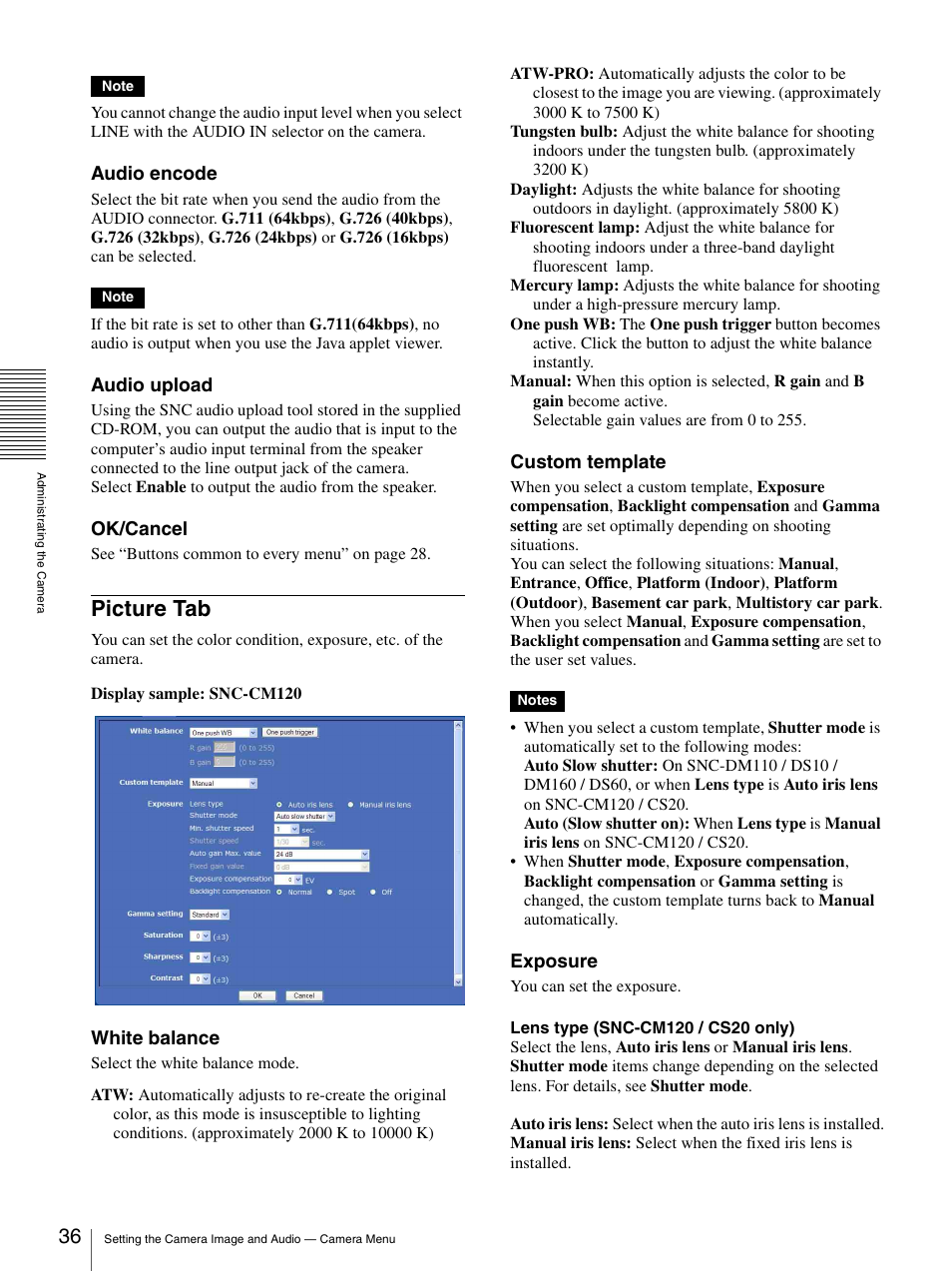 Picture tab, Audio encode, Audio upload | Ok/cancel, White balance, Custom template, Exposure | Sony SNC-CS20 User Manual | Page 36 / 100