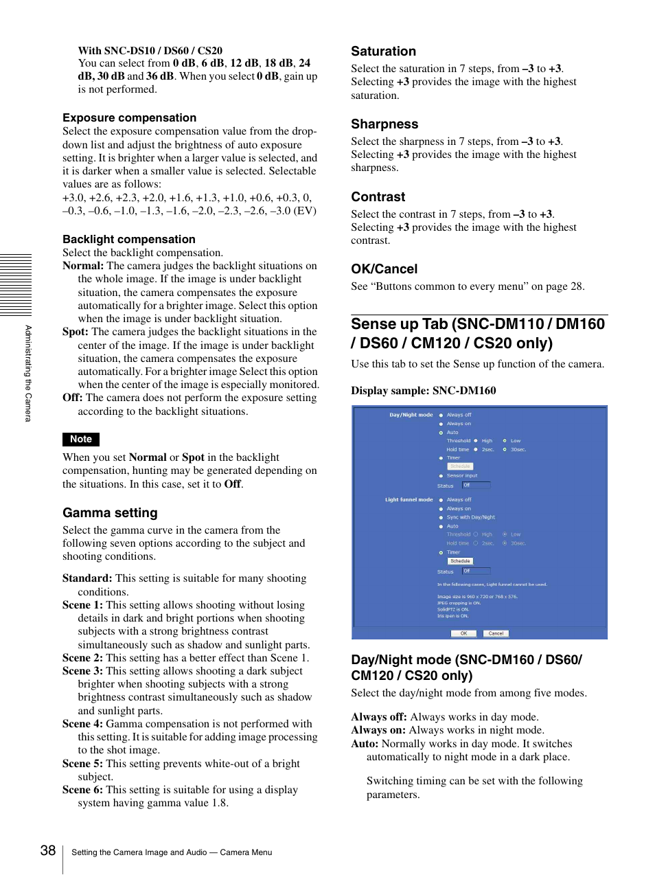 Sense up tab (snc-dm110 / dm160 / ds60, Cm120 / cs20 only), Gamma setting | Saturation, Sharpness, Contrast, Ok/cancel | Sony SNC-CS20 User Manual | Page 38 / 100