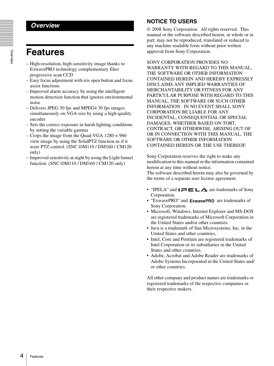 Overview, Features | Sony SNC-CS20 User Manual | Page 4 / 100