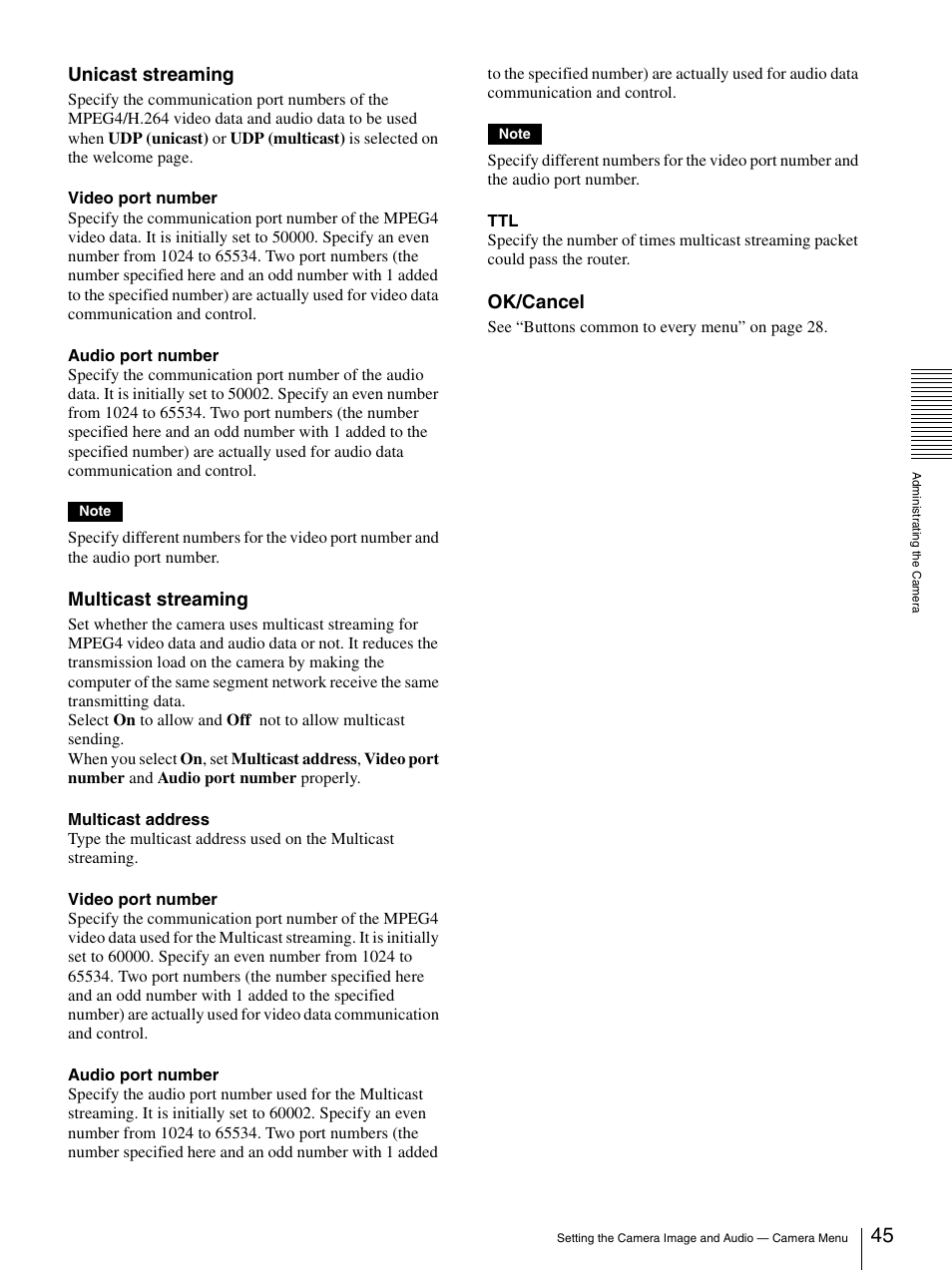 Unicast streaming, Multicast streaming, Ok/cancel | Sony SNC-CS20 User Manual | Page 45 / 100