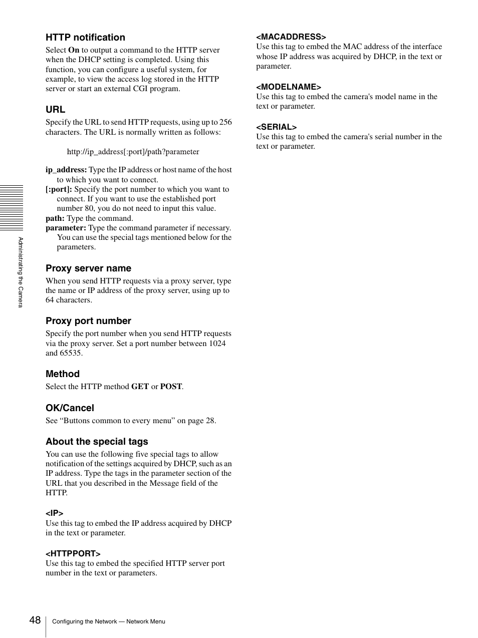 Proxy server name, Proxy port number, Method | Ok/cancel, About the special tags | Sony SNC-CS20 User Manual | Page 48 / 100