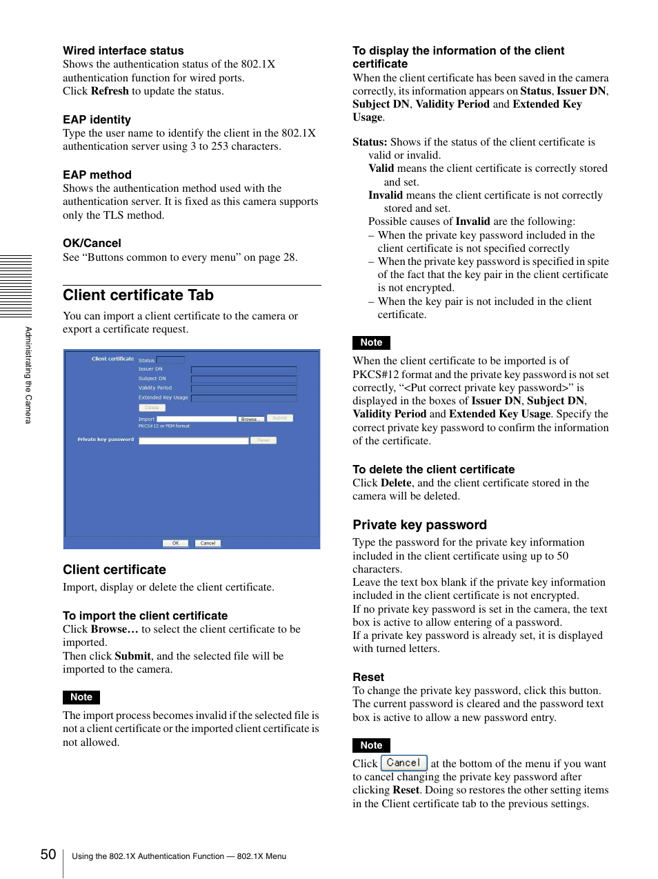 Client certificate tab, Client certificate, Private key password | Sony SNC-CS20 User Manual | Page 50 / 100