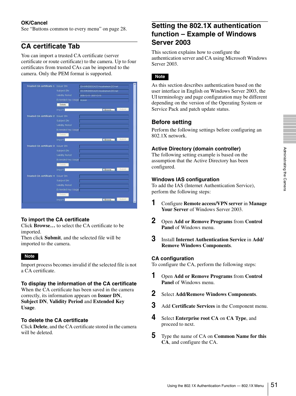 Ca certificate tab, Example of windows server 2003 | Sony SNC-CS20 User Manual | Page 51 / 100