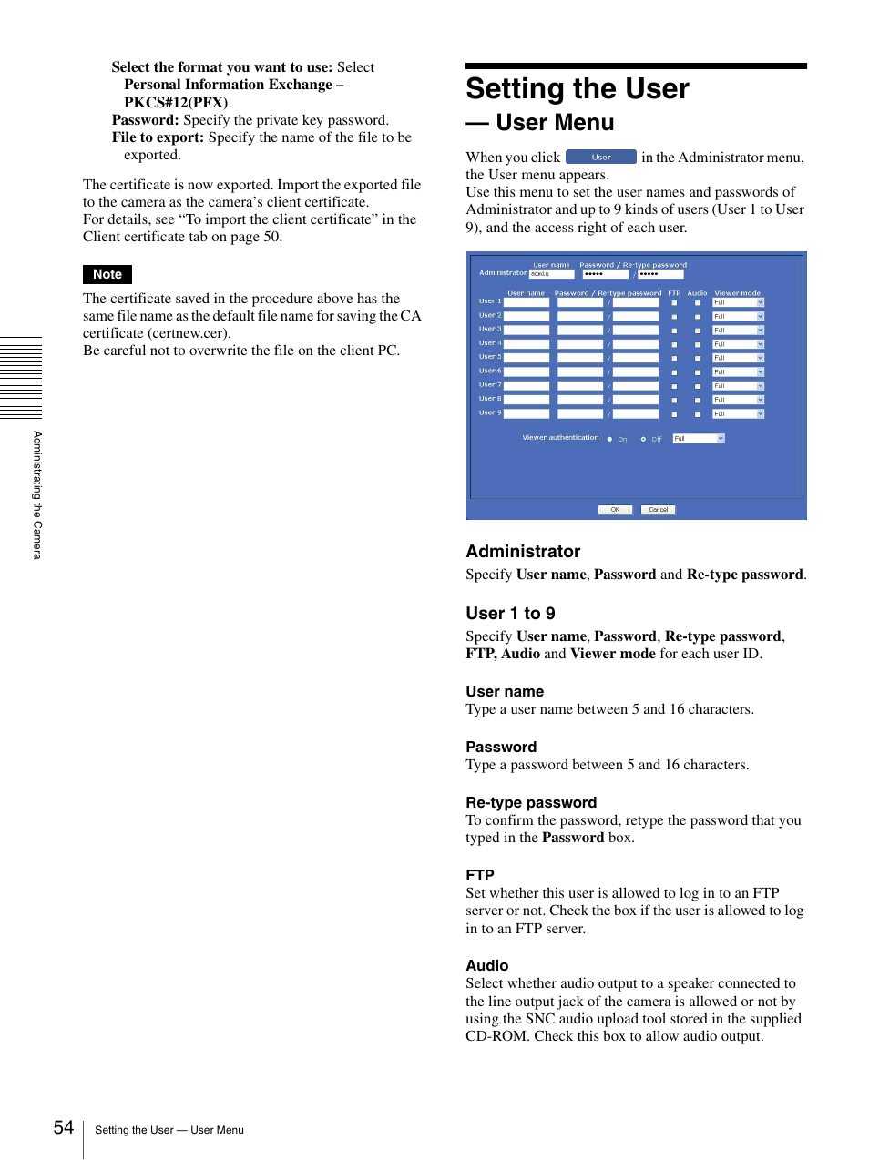 Setting the user - user menu, Setting the user — user menu, Setting the user | User menu, Administrator, User 1 to 9 | Sony SNC-CS20 User Manual | Page 54 / 100