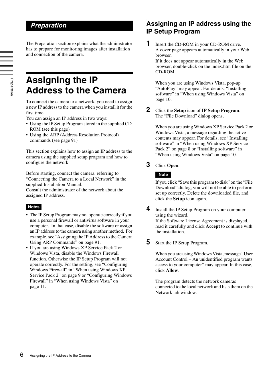 Preparation, Assigning the ip address to the camera, Assigning an ip address using the ip setup program | Assigning an ip address using the ip setup, Program | Sony SNC-CS20 User Manual | Page 6 / 100