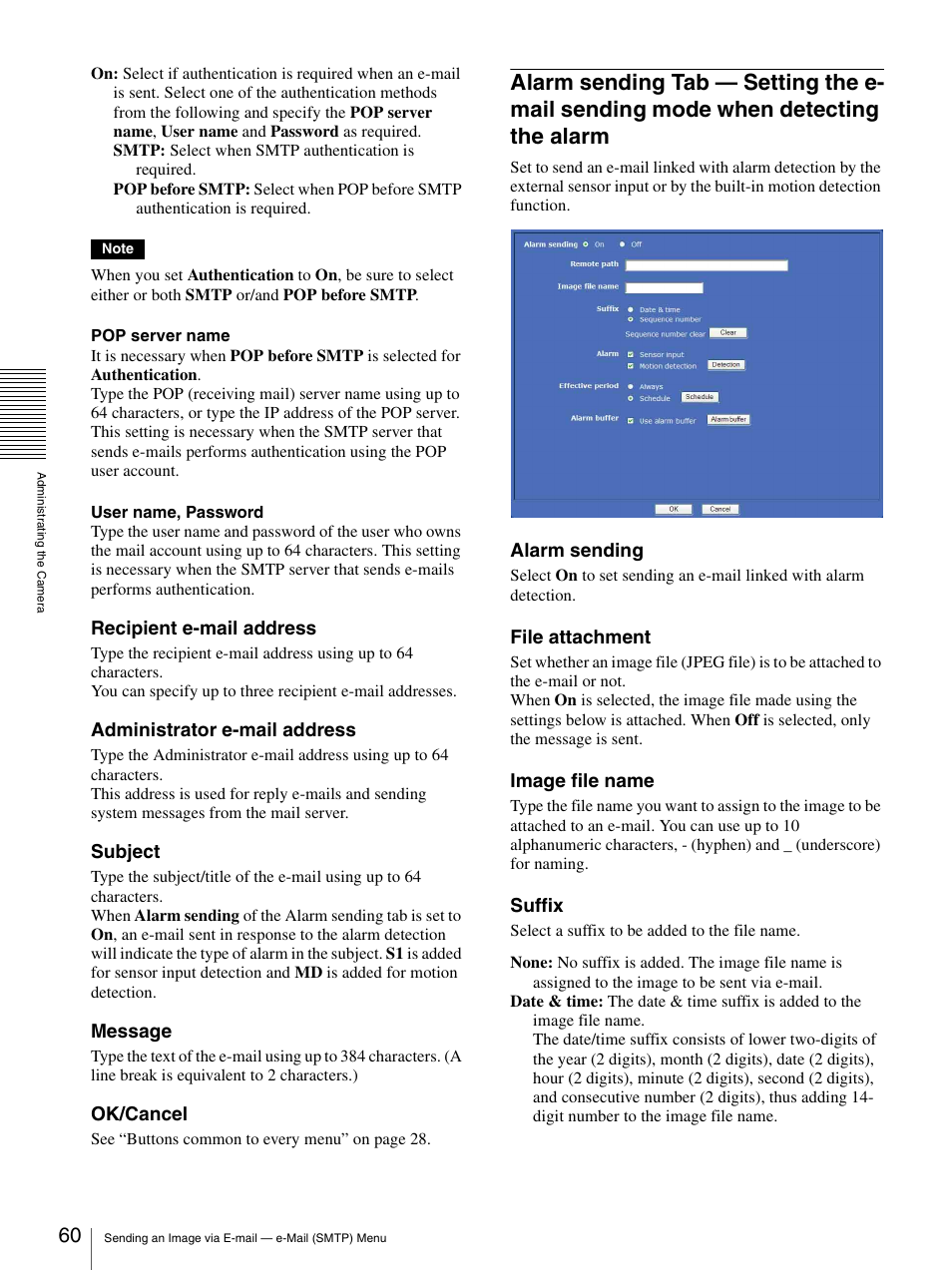 Alarm sending tab — setting the e-mail sending, Mode when detecting the alarm | Sony SNC-CS20 User Manual | Page 60 / 100