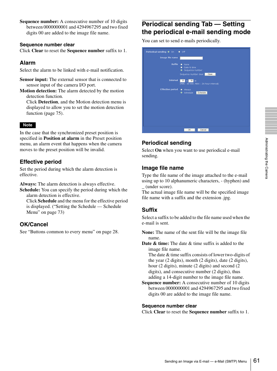 Periodical sending tab — setting the periodical e, Mail sending mode, Alarm | Effective period, Ok/cancel, Periodical sending, Image file name, Suffix | Sony SNC-CS20 User Manual | Page 61 / 100